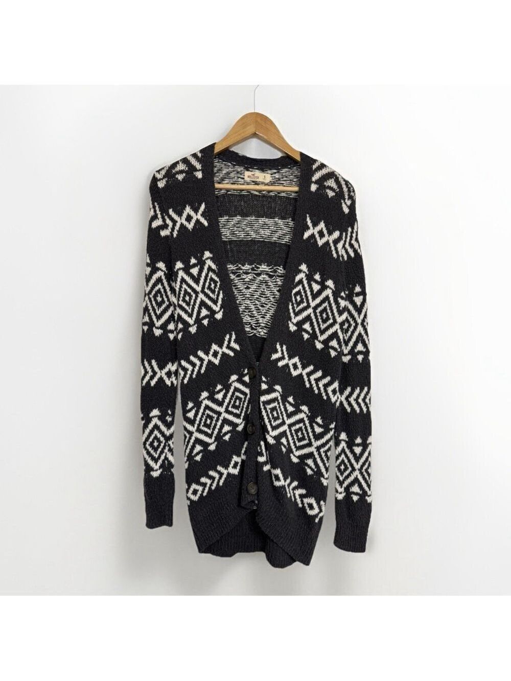 Hollister Black and Gray Aztec Knit Cardigan Sweater Small